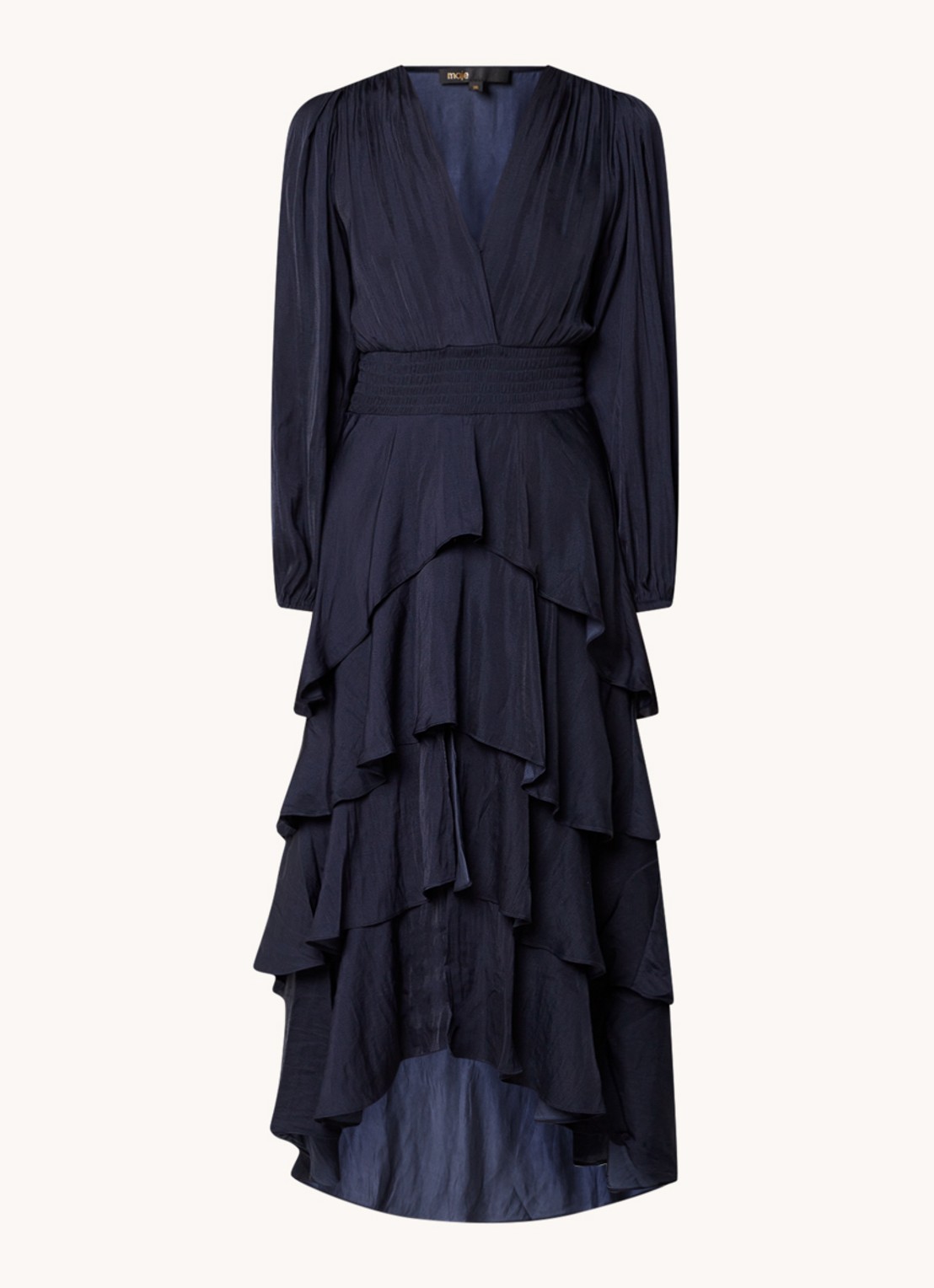 Maje Midi jurk met smockwerk en volant - voorkant donkerblauw
