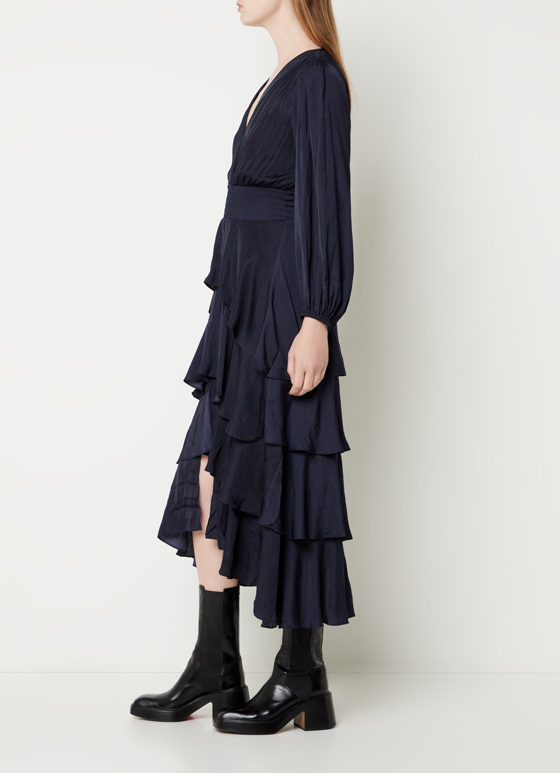 Maje Midi jurk met smockwerk en volant - voorkant 2 donkerblauw