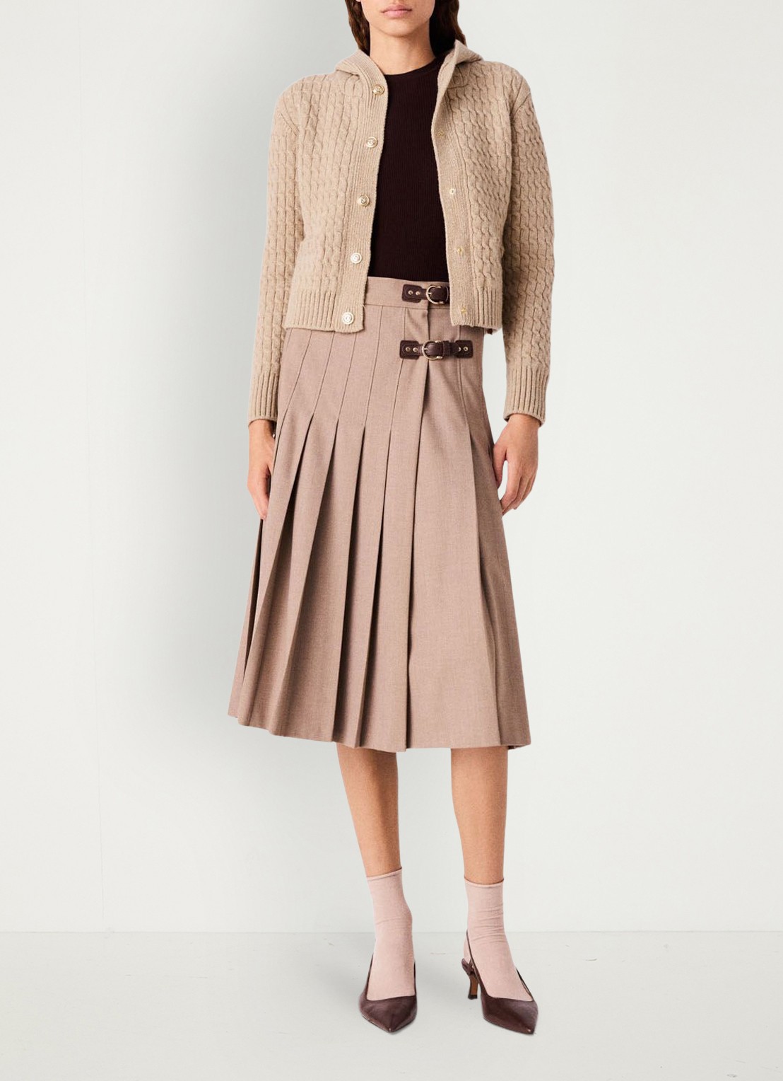 Maje Midi rok in wolblend met plissé  - voorkant 7 beige
