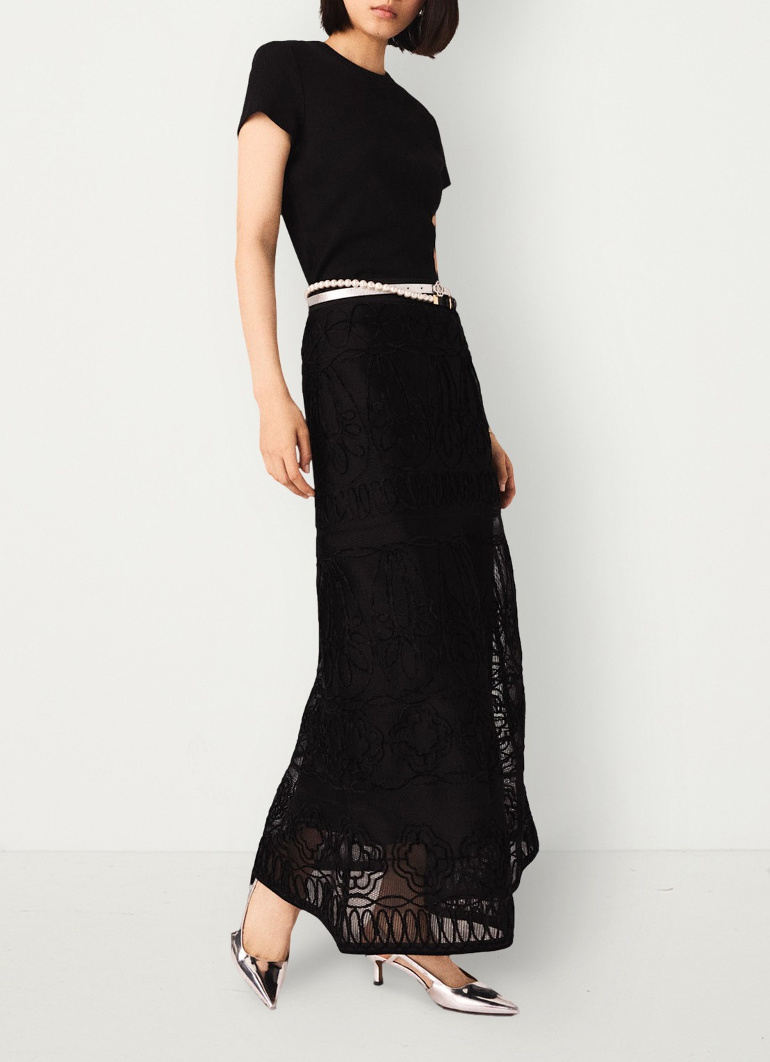 Maje Midi rok met borduring - detail 4 zwart
