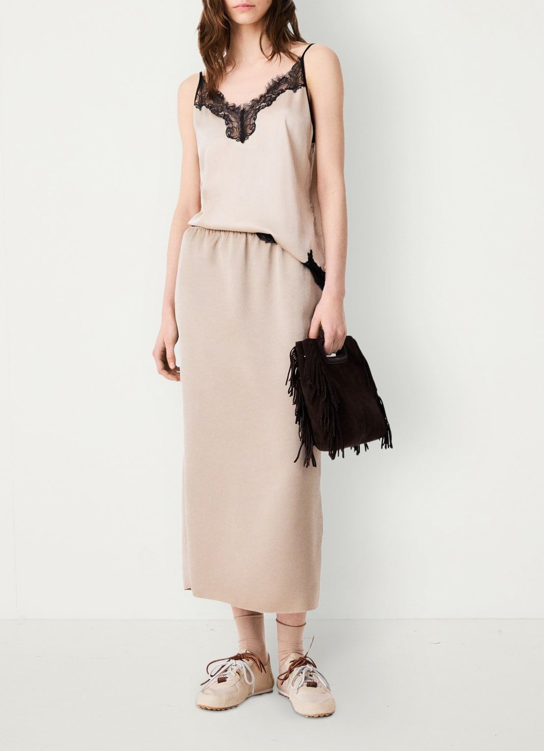 Maje Midi-rok met elastische taille - voorkant 8 beige / beige