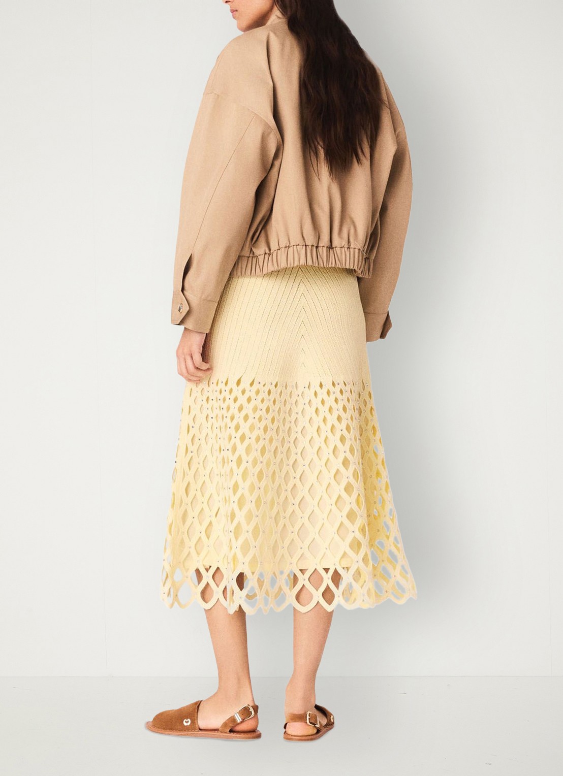 Maje Midi rok met opengewerkt detail en strass - achterkant 3 geel