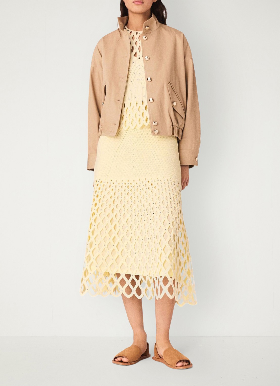 Maje Midi rok met opengewerkt detail en strass - voorkant 2 geel