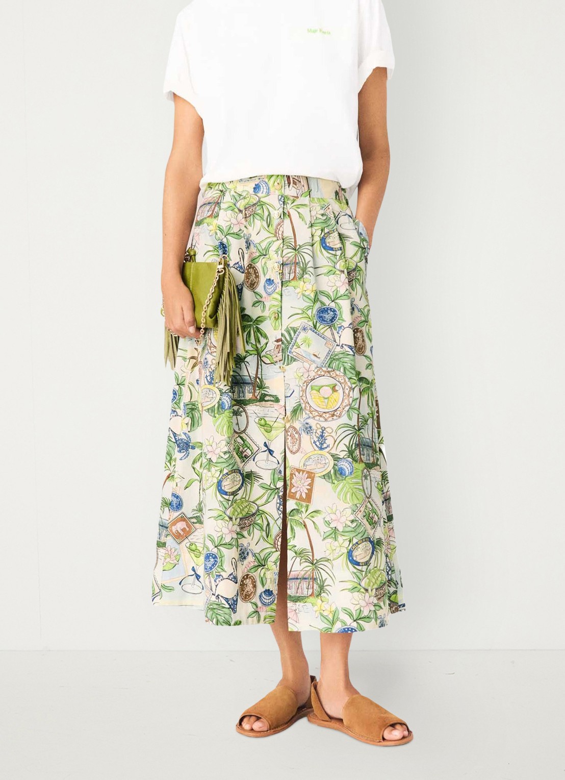 Maje Midi rok met print en steekzakken - detail groen