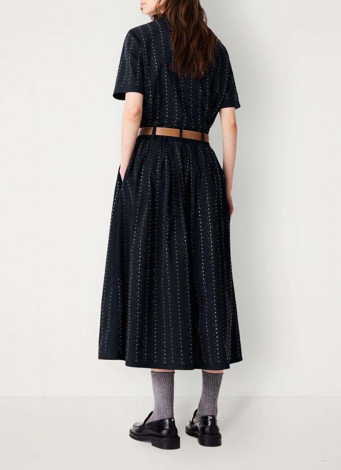 Maje midi-rok met strassdetails en afneembare strikceintuur - achterkant donkerblauw