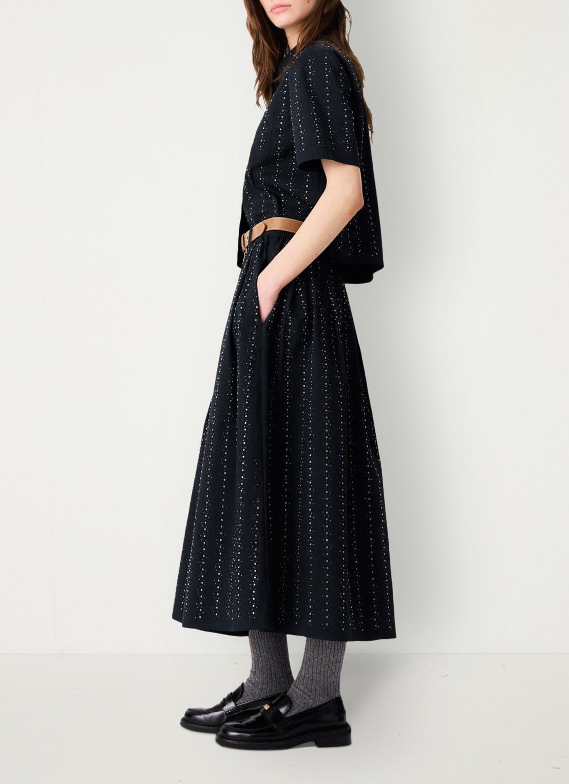 Maje midi-rok met strassdetails en afneembare strikceintuur - detail 3 donkerblauw