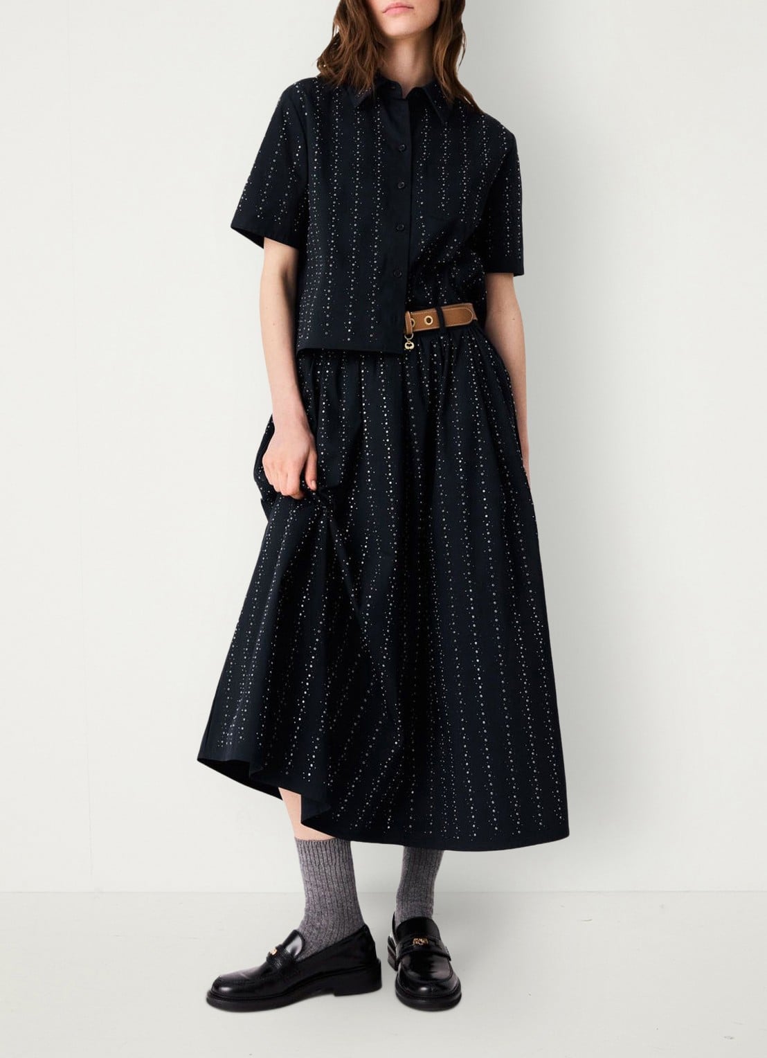 Maje midi-rok met strassdetails en afneembare strikceintuur - detail 6 donkerblauw