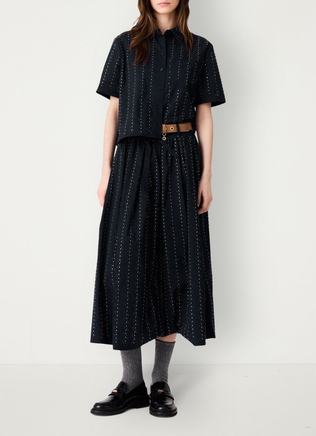 Maje midi-rok met strassdetails en afneembare strikceintuur - voorkant 8 donkerblauw