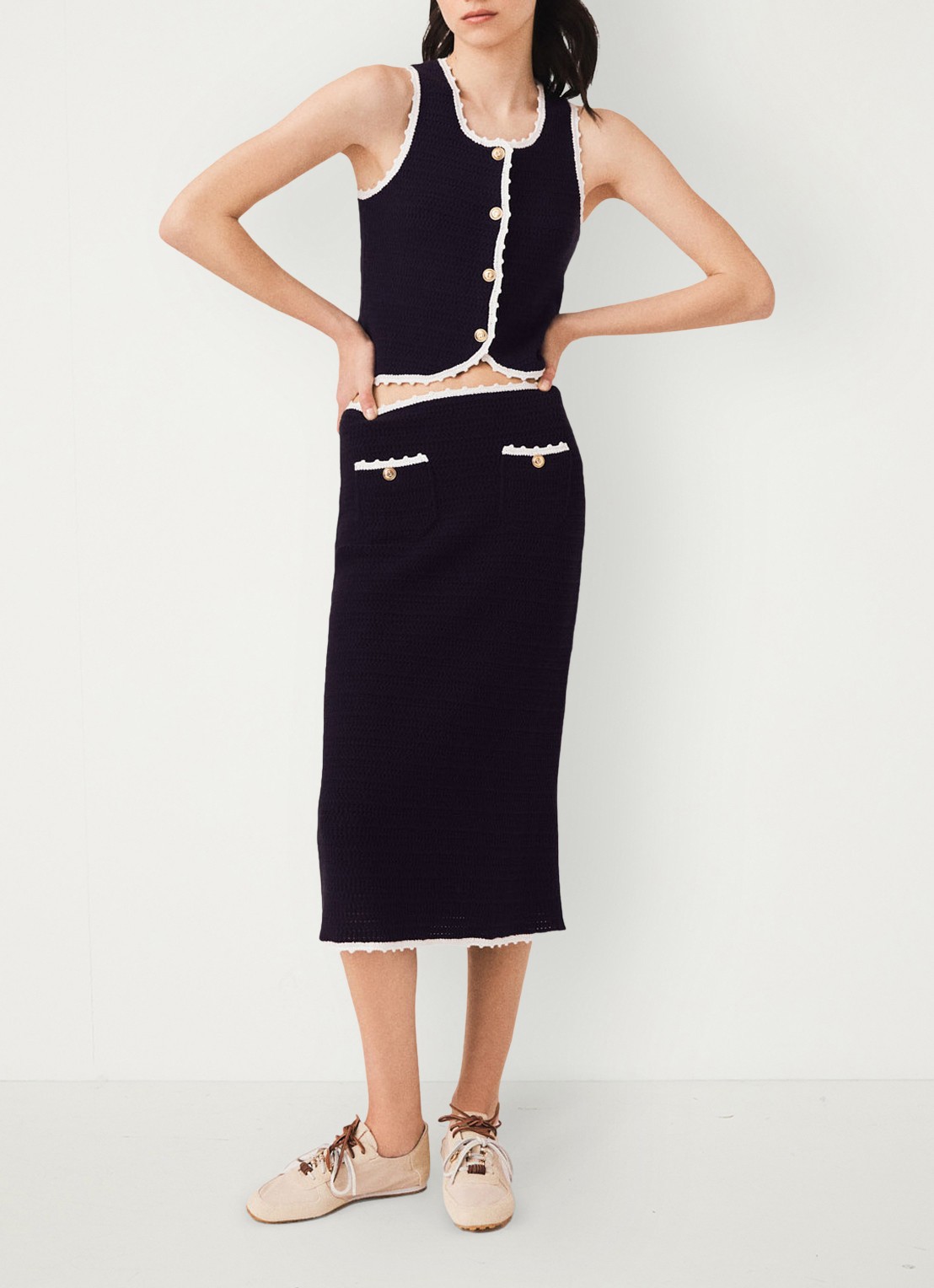 Maje Midi rok van crochet - detail donkerblauw