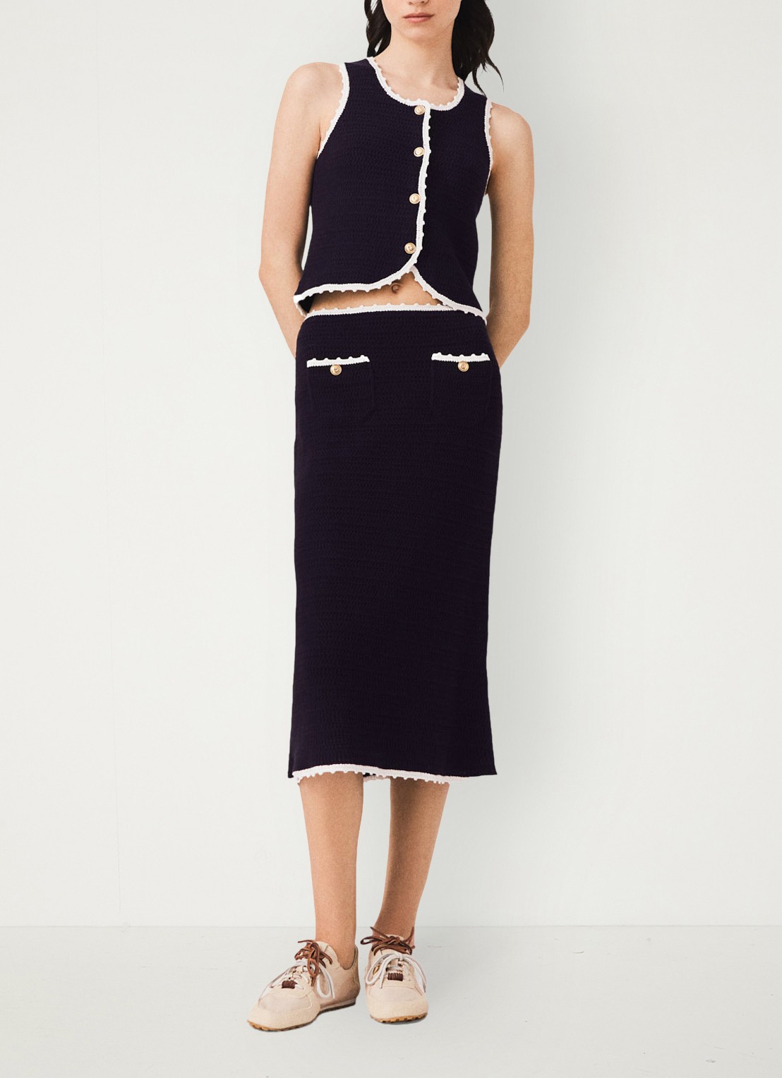 Maje Midi rok van crochet - voorkant 8 donkerblauw