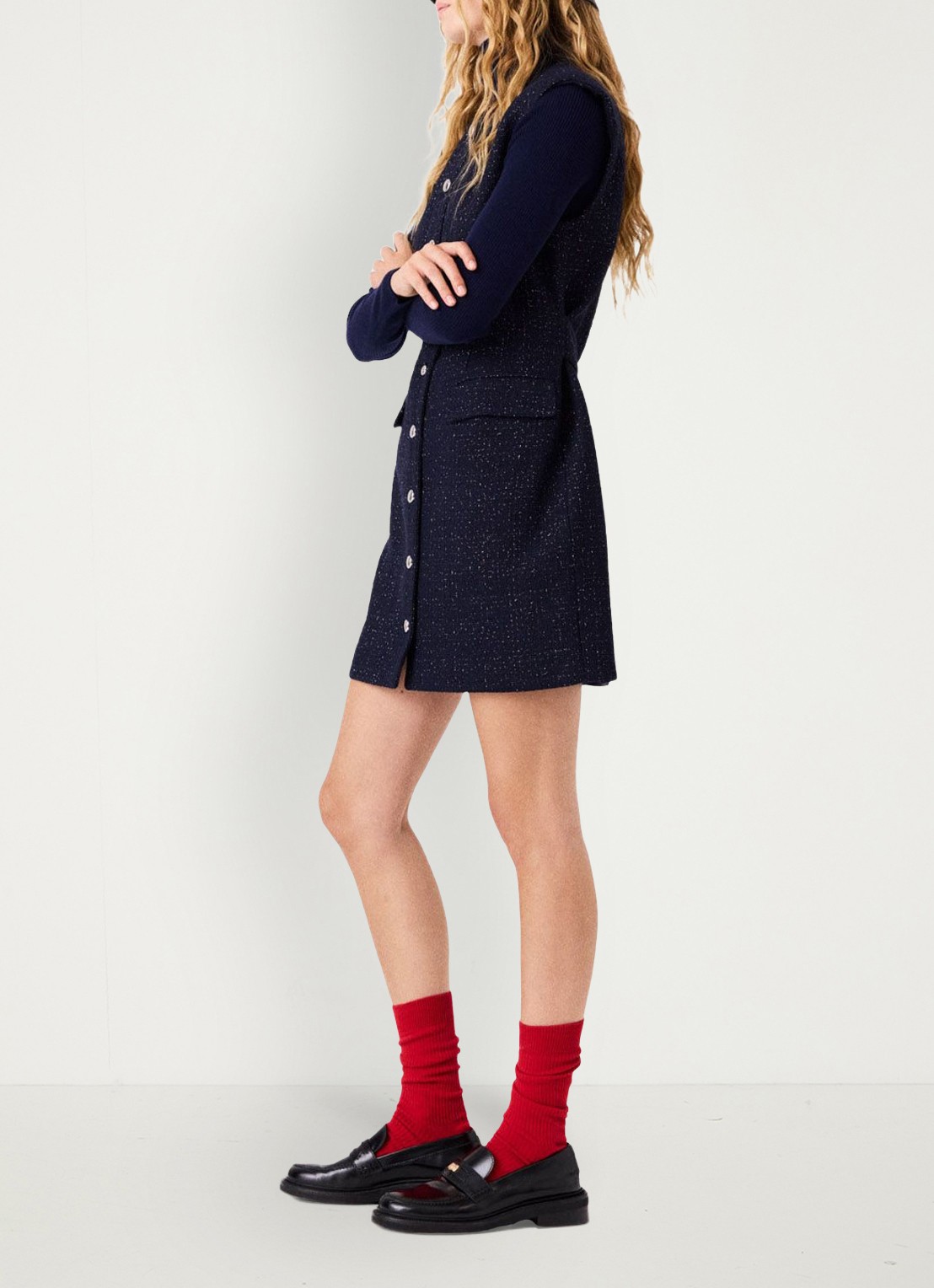 Maje Mini blousejurk met lurex en klepzakken - detail donkerblauw