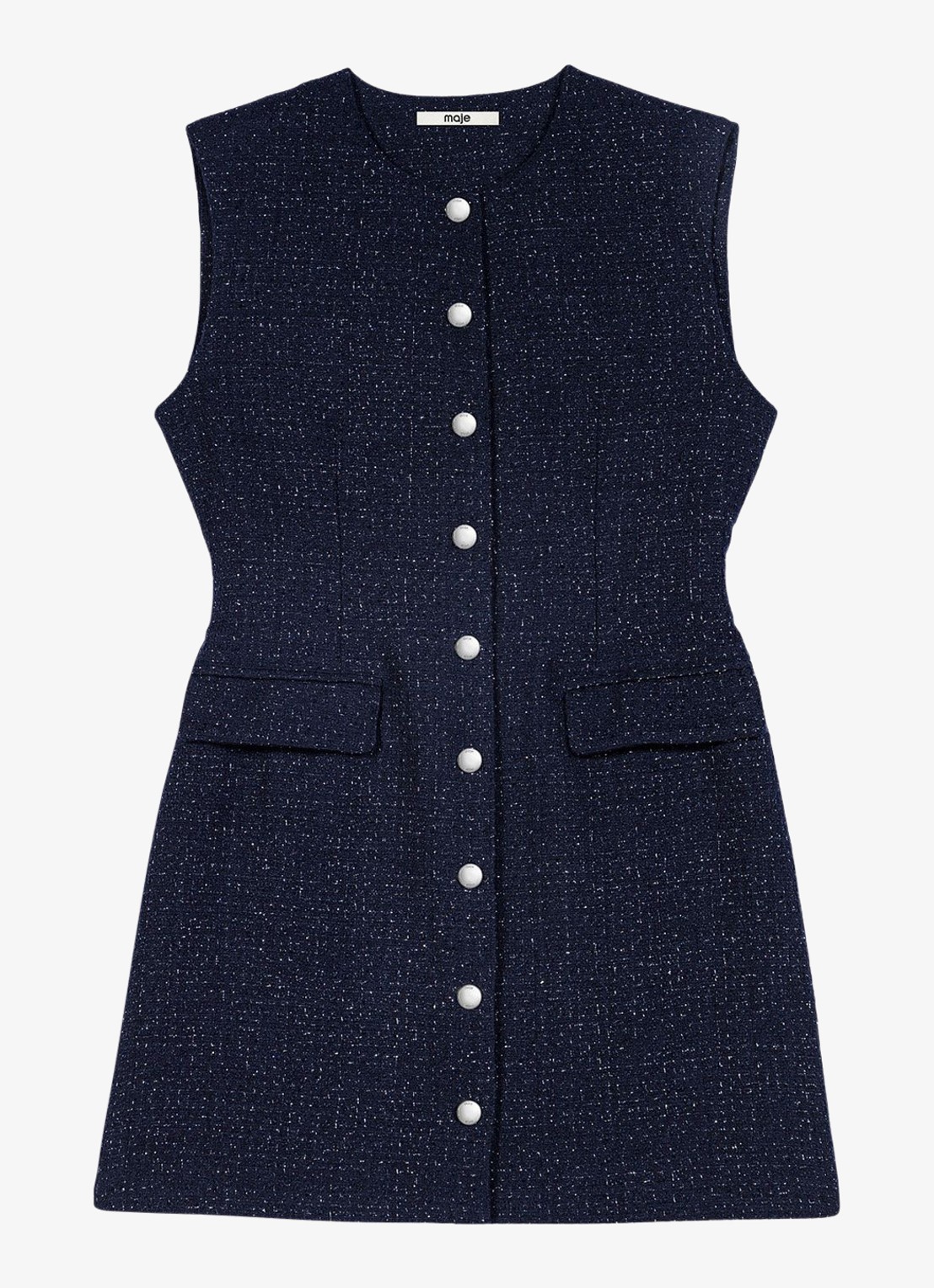 Maje Mini blousejurk met lurex en klepzakken - voorkant 7 donkerblauw