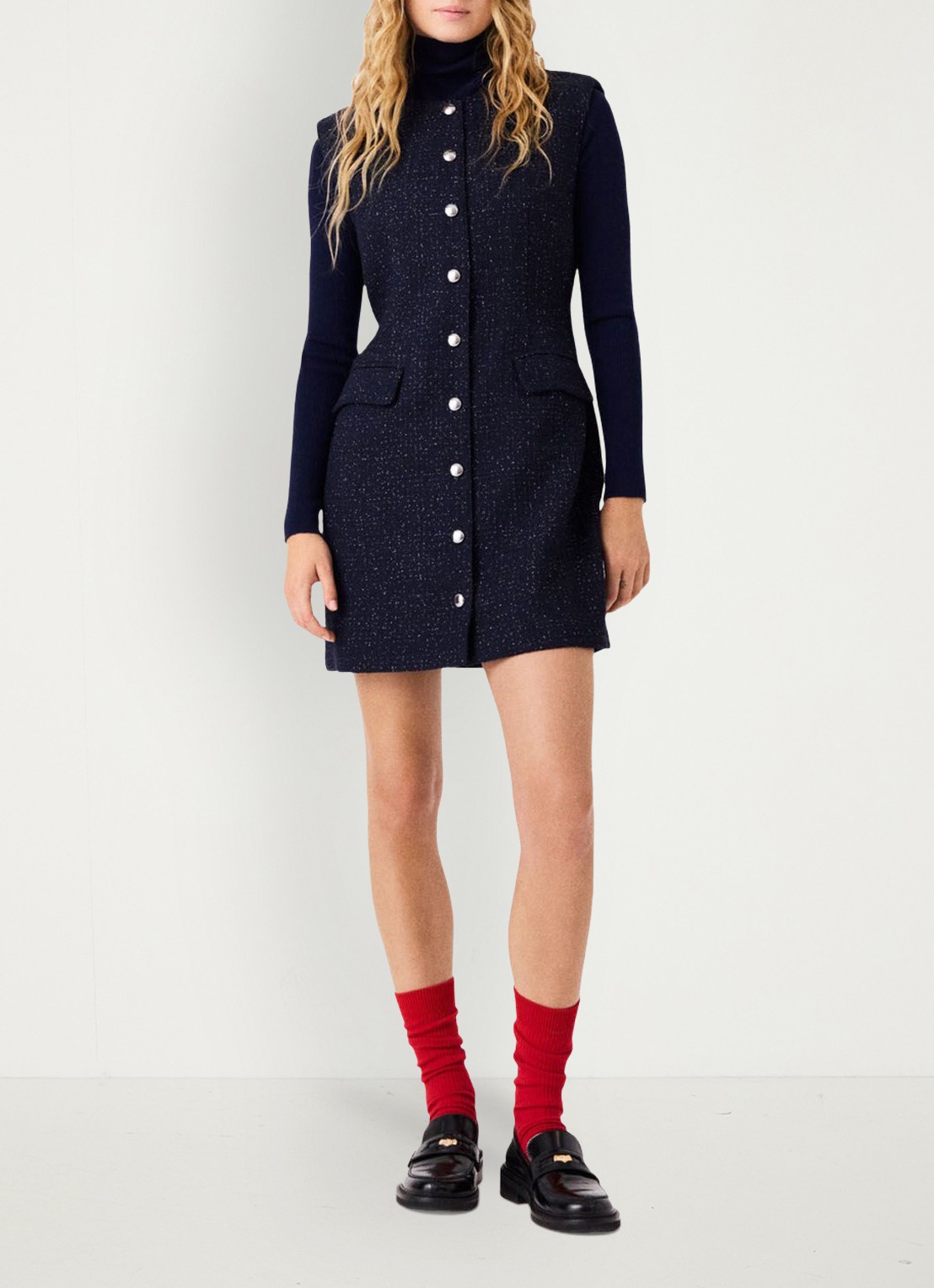 Maje Mini blousejurk met lurex en klepzakken - voorkant 8 donkerblauw