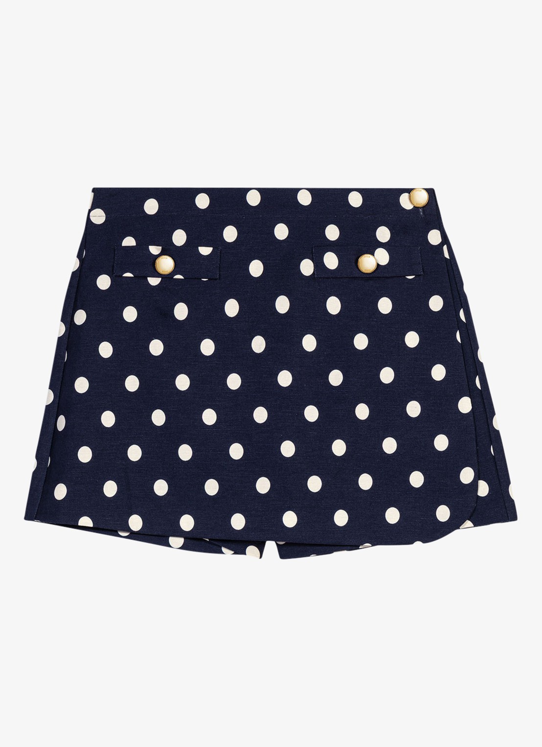 Maje Mini broekrok in linnenblend met stippenprint - voorkant donkerblauw