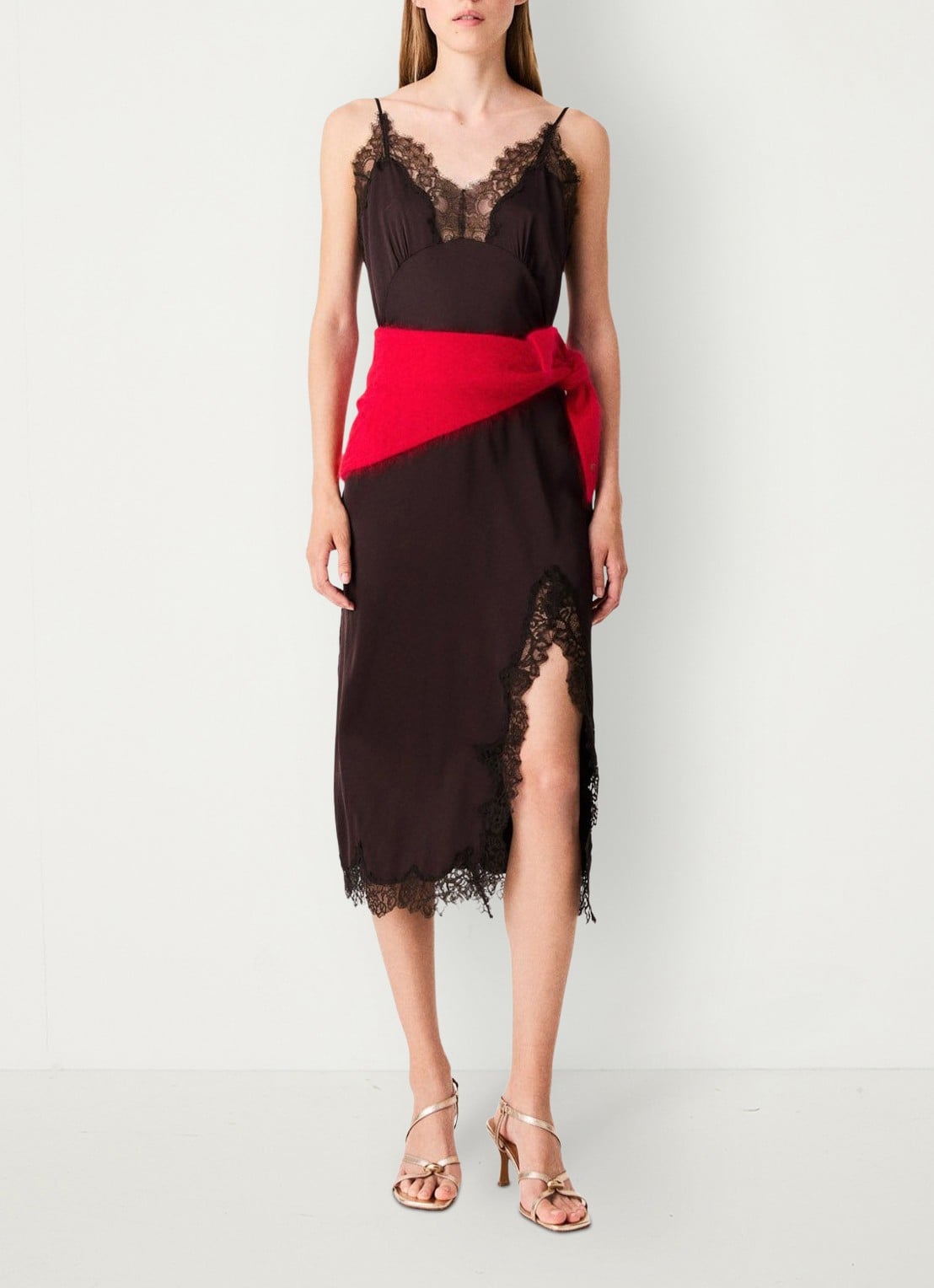 Maje Mini jurk met details van kant - detail 2 donkerbruin