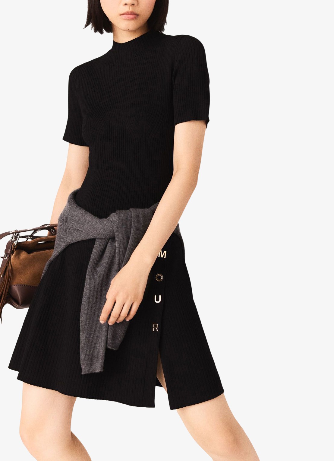 Maje Mini jurk met ribstructuur - detail zwart