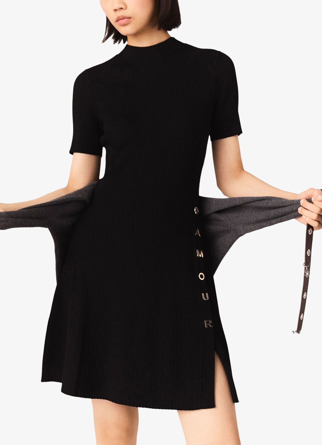 Maje Mini jurk met ribstructuur - detail 4 zwart