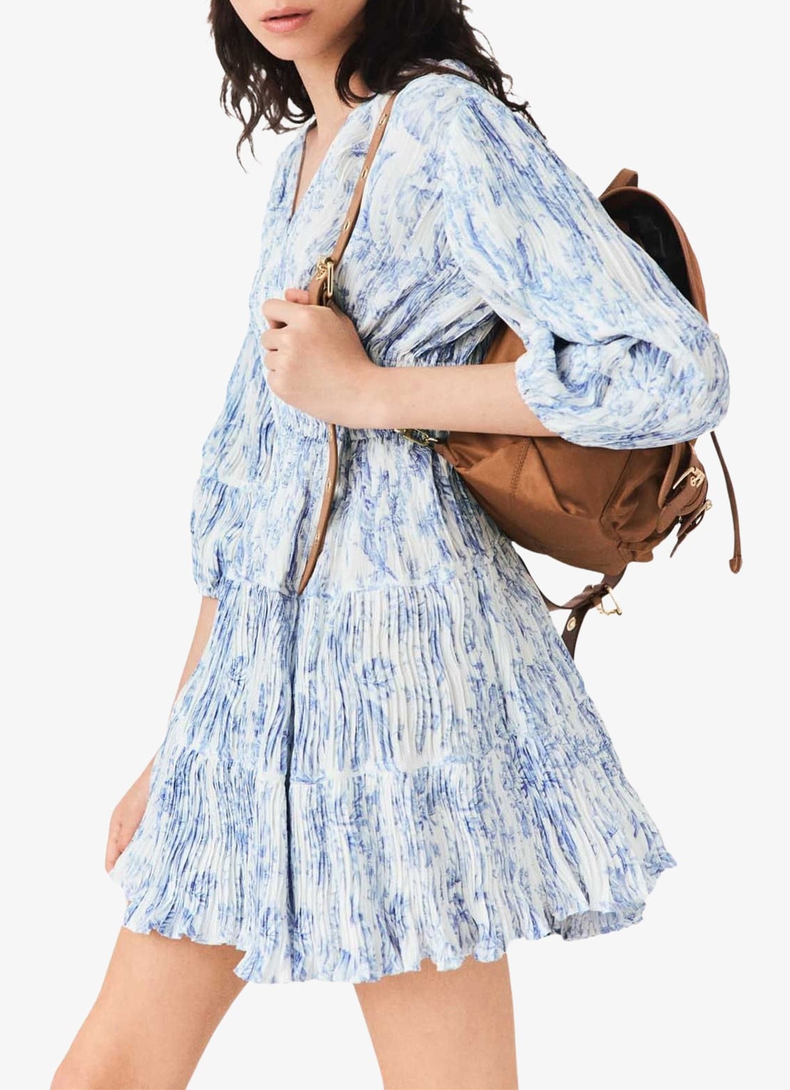 Maje Mini jurk met smockwerk en V-hals - detail 2 blauw