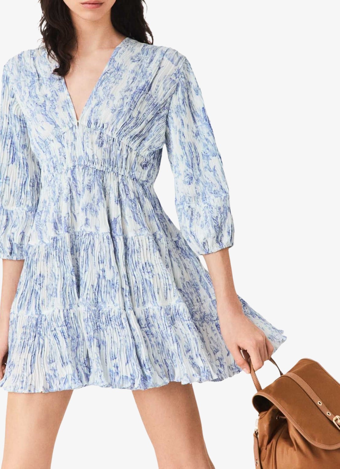 Maje Mini jurk met smockwerk en V-hals - detail 4 blauw