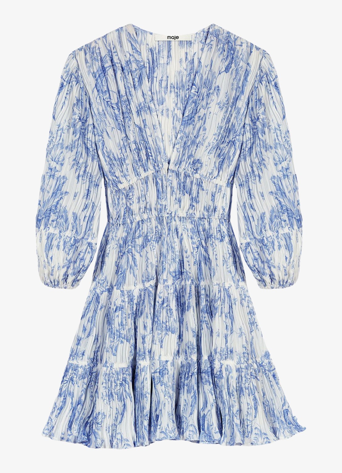Maje Mini jurk met smockwerk en V-hals - voorkant 6 blauw
