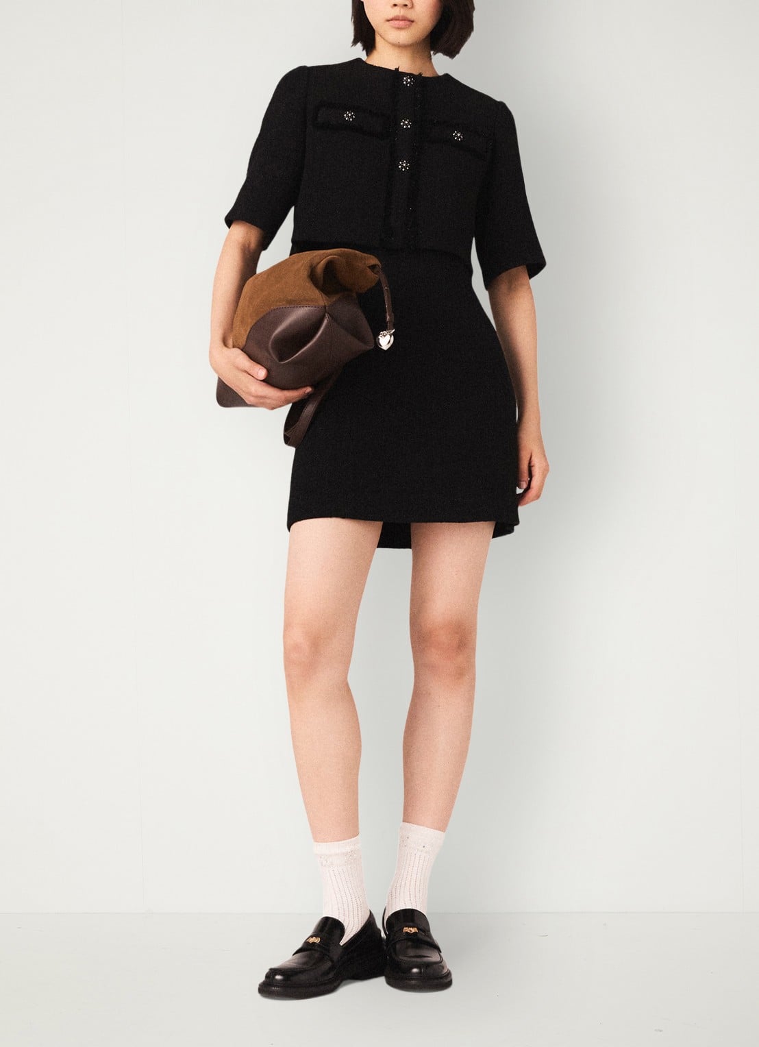 Maje Mini jurk met tweed-look - voorkant 6 zwart