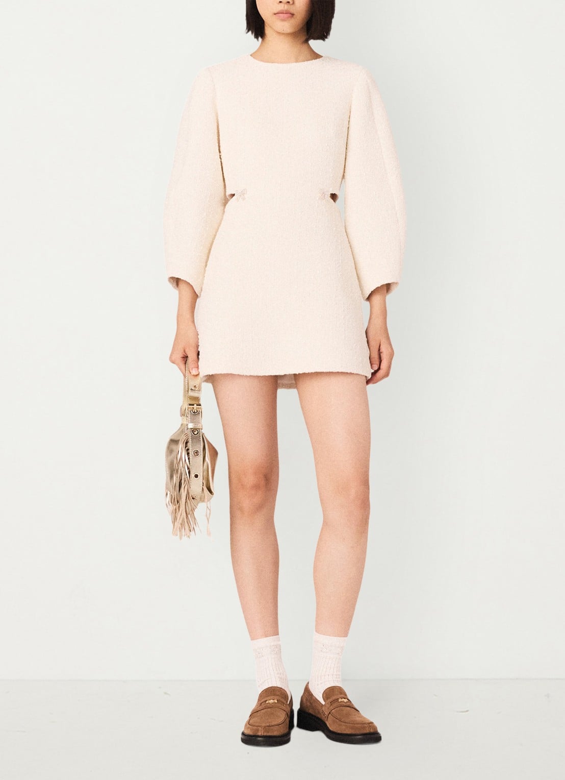 Maje Mini jurk met tweed-look - voorkant 3 creme