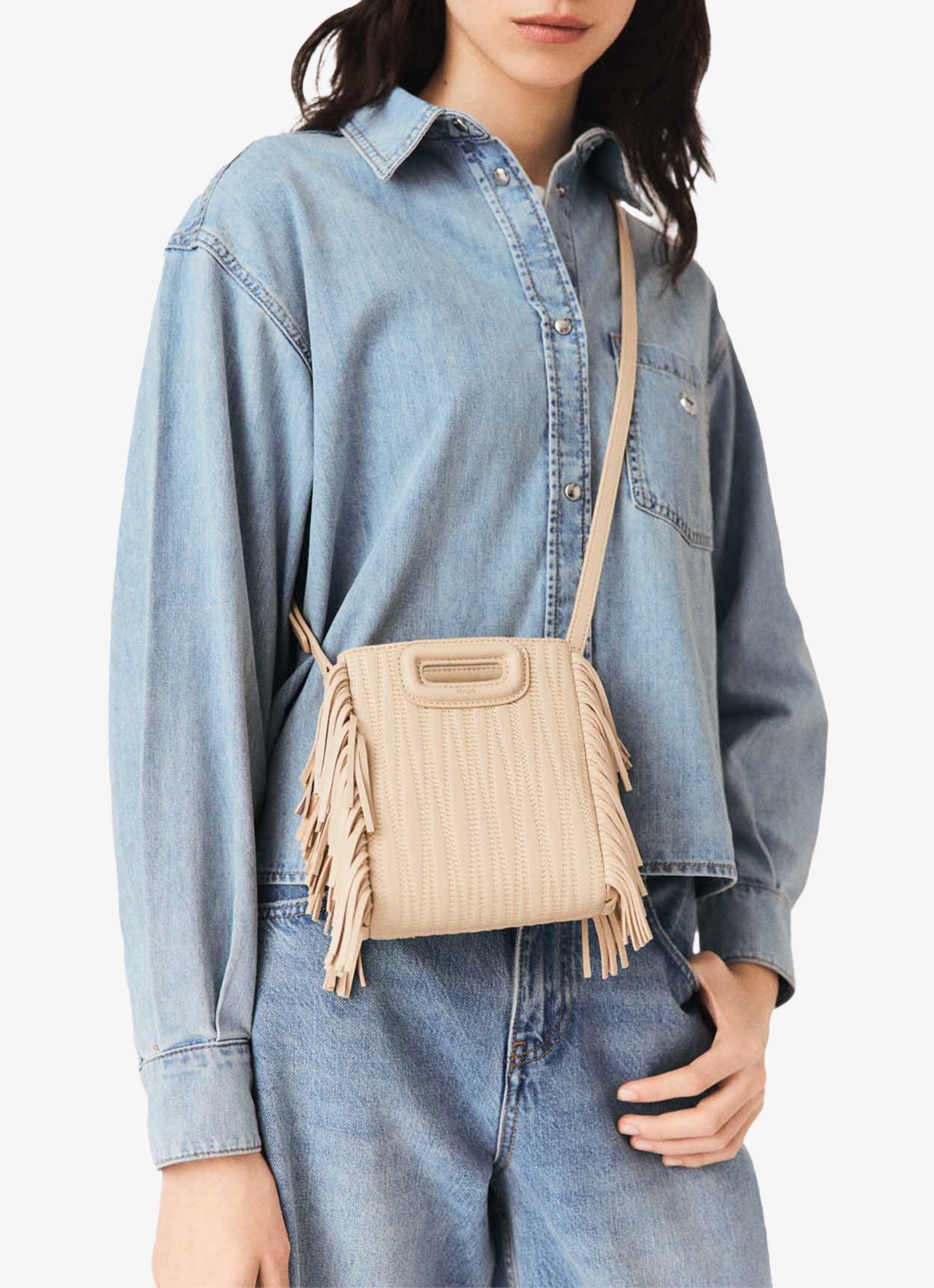 Maje Mini M tas van getikte leder - voorkant 2 creme