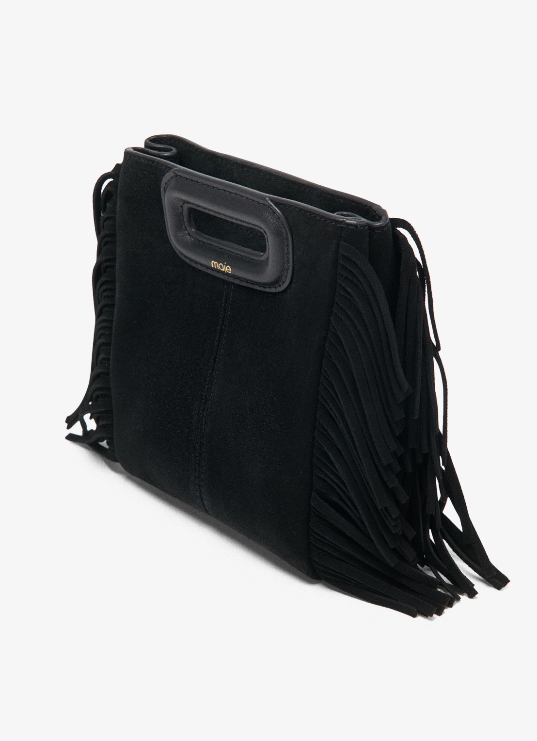 Maje Mini M tas van suéde met franjes - detail 2 zwart