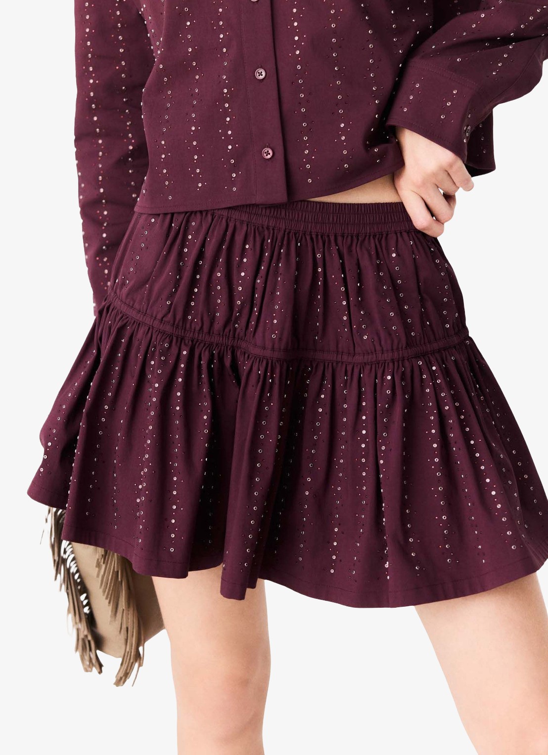 Maje Mini rok met lurex - detail bordeauxrood