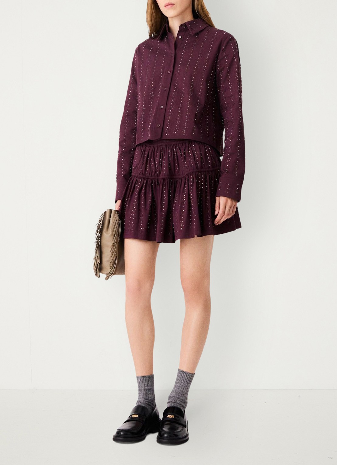 Maje Mini rok met lurex - voorkant 8 bordeauxrood