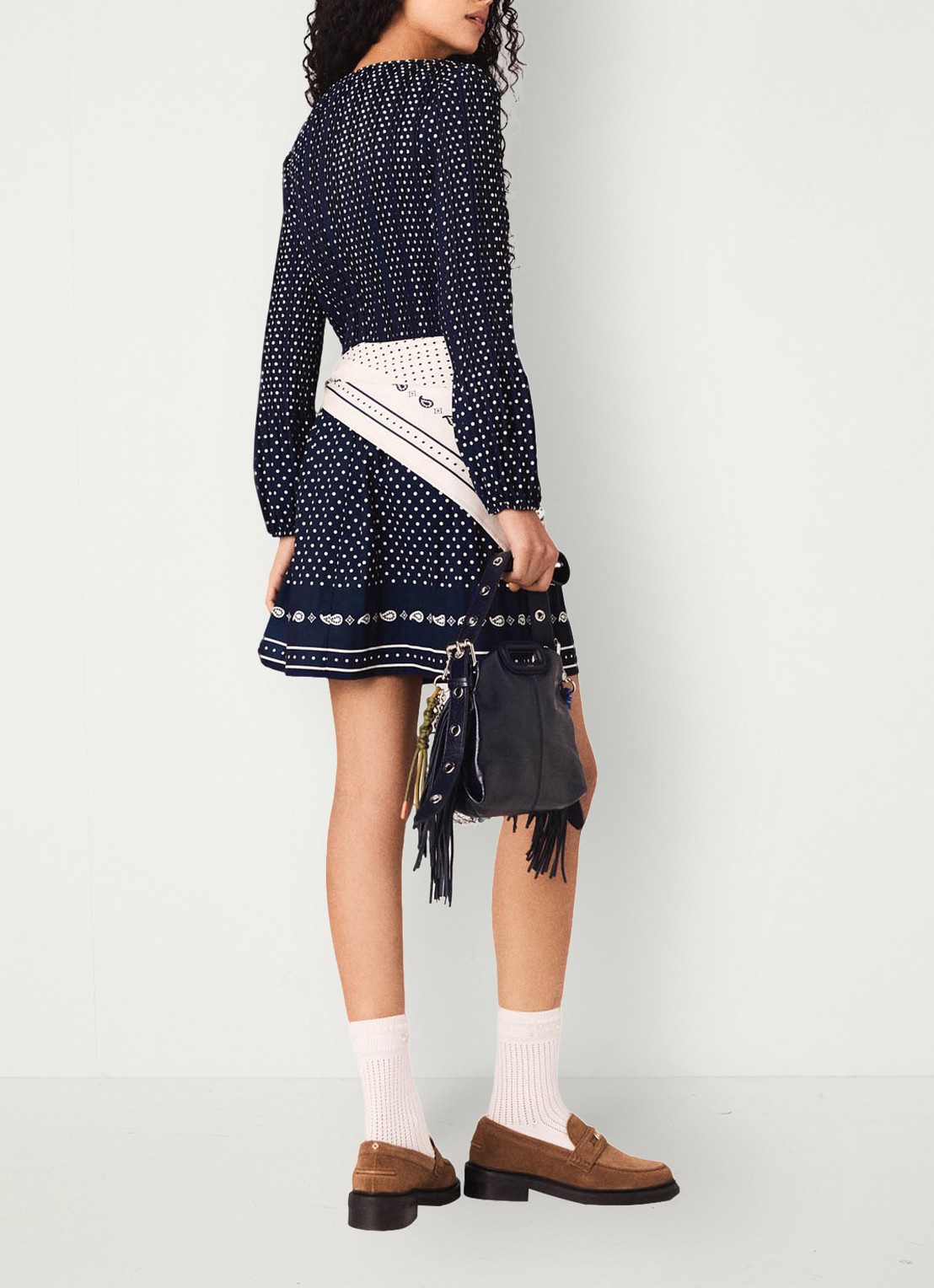 Maje Mini tuniekjurk met smockwerk en stippenprint - achterkant 2 donkerblauw