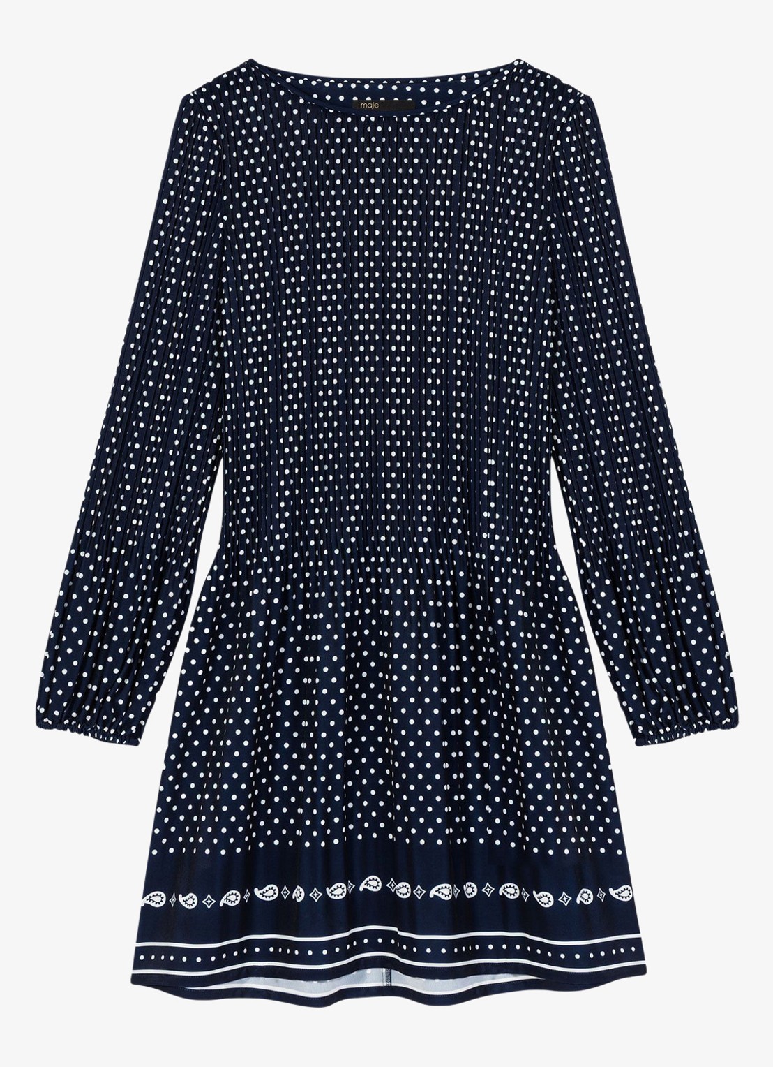 Maje Mini tuniekjurk met smockwerk en stippenprint - voorkant donkerblauw