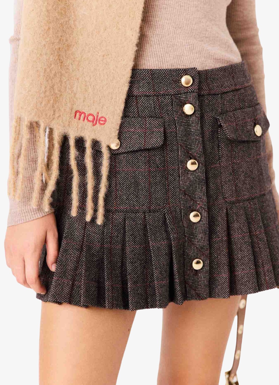 Maje Minirok in wolblend met plissé en opgestikte zakken - detail 3 bruin