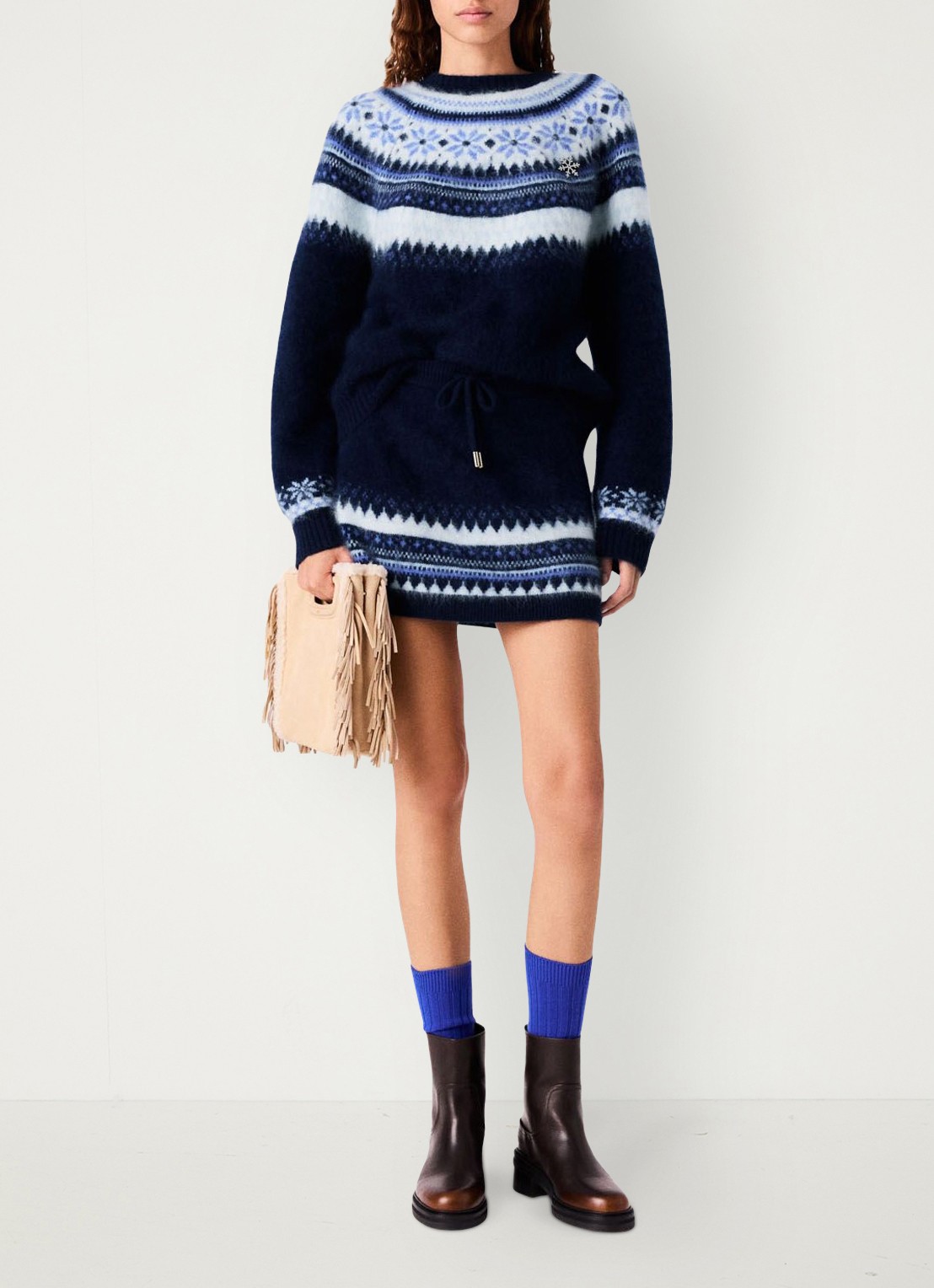 Maje Minirok met ingebreide print en trekkoord - voorkant 2 donkerblauw