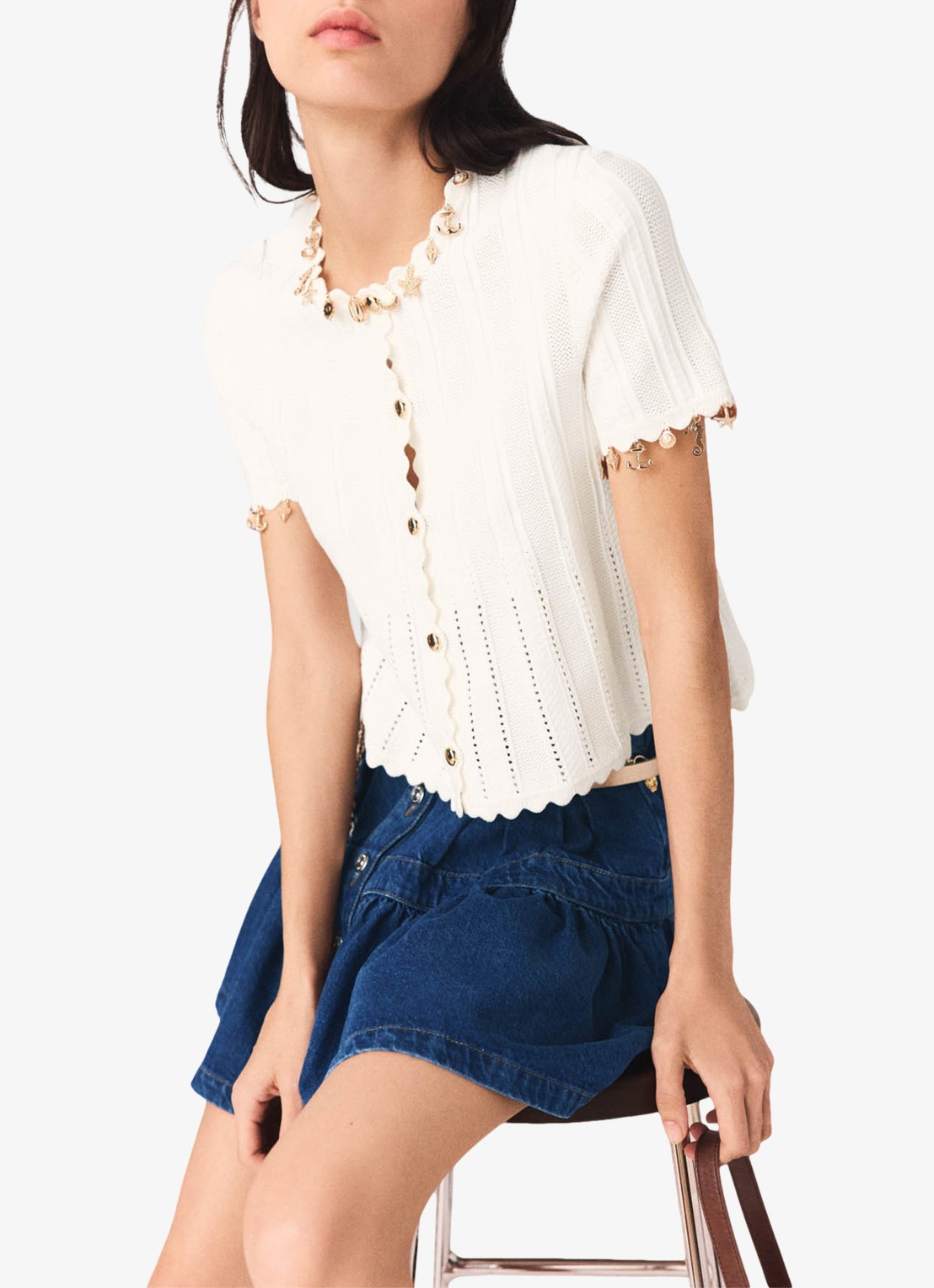 Maje Mishell ribgebreide top met strass - detail 4 wit