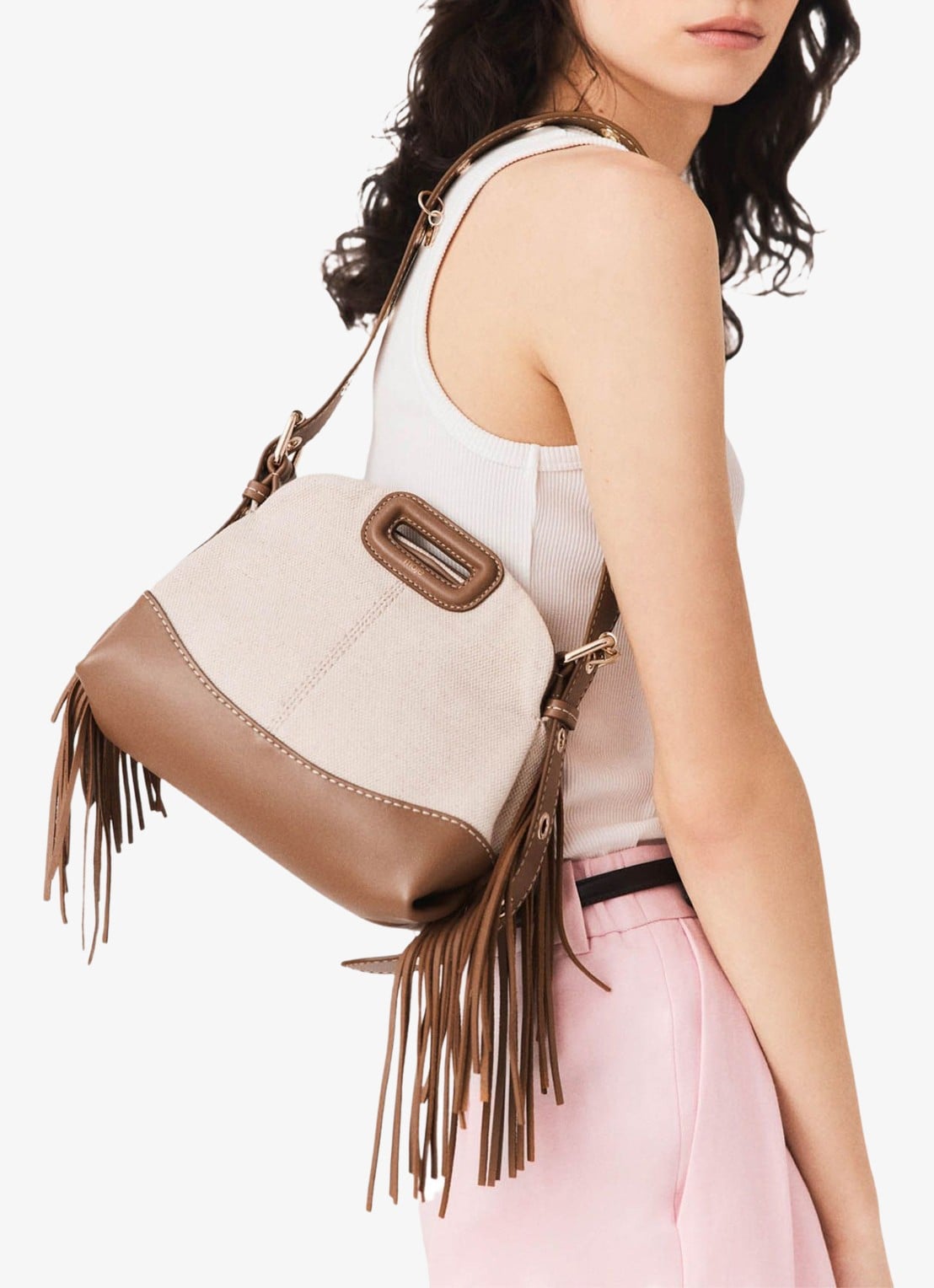 Maje Miss M Mini tas van canvas en leer - voorkant 6 moca / wit