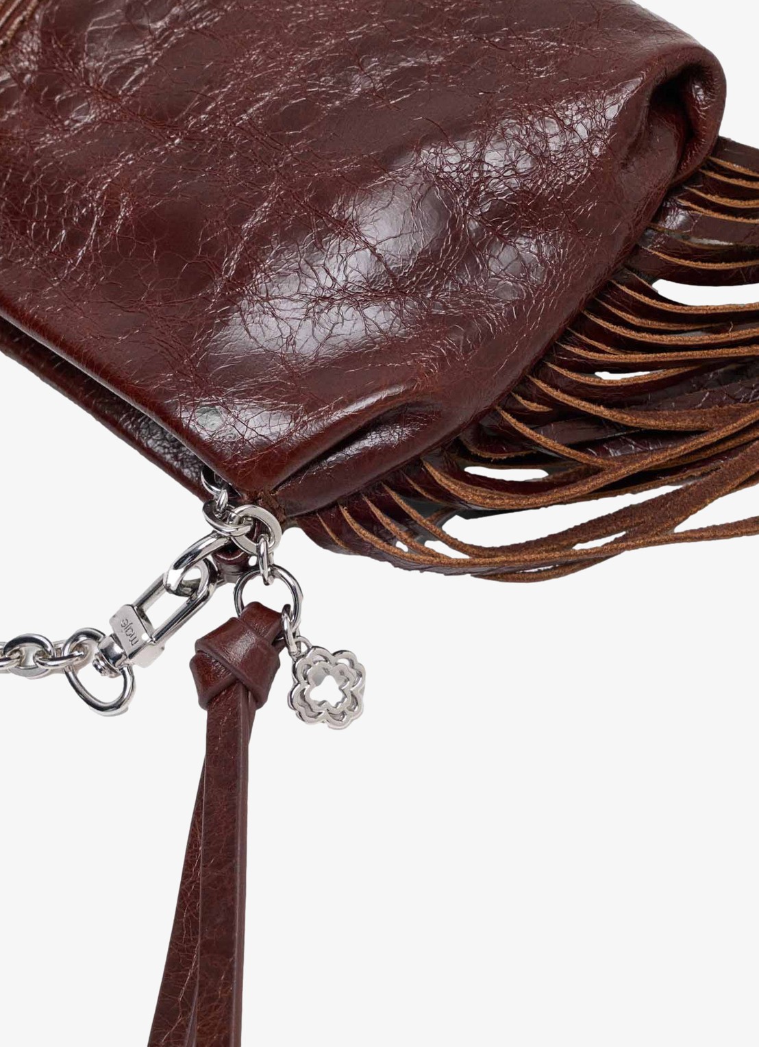 Maje Miss M schoudertas van leer met franjes - detail 4 donkerbruin