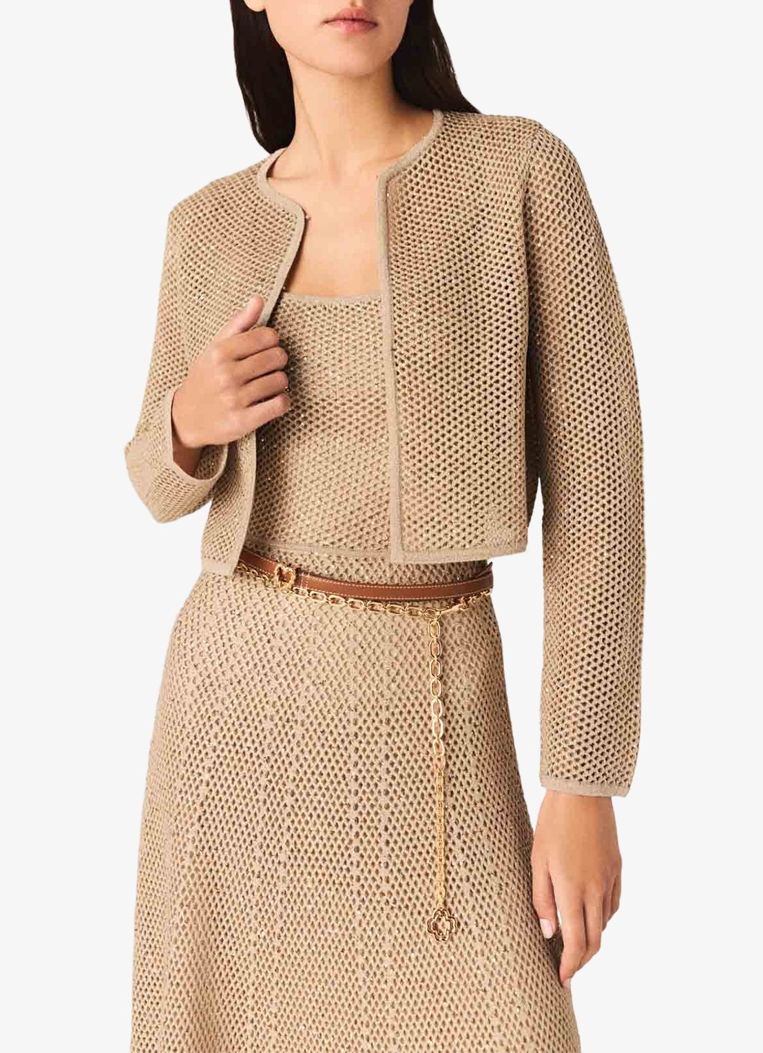 Maje Opengebreid vest met pailletten - detail beige