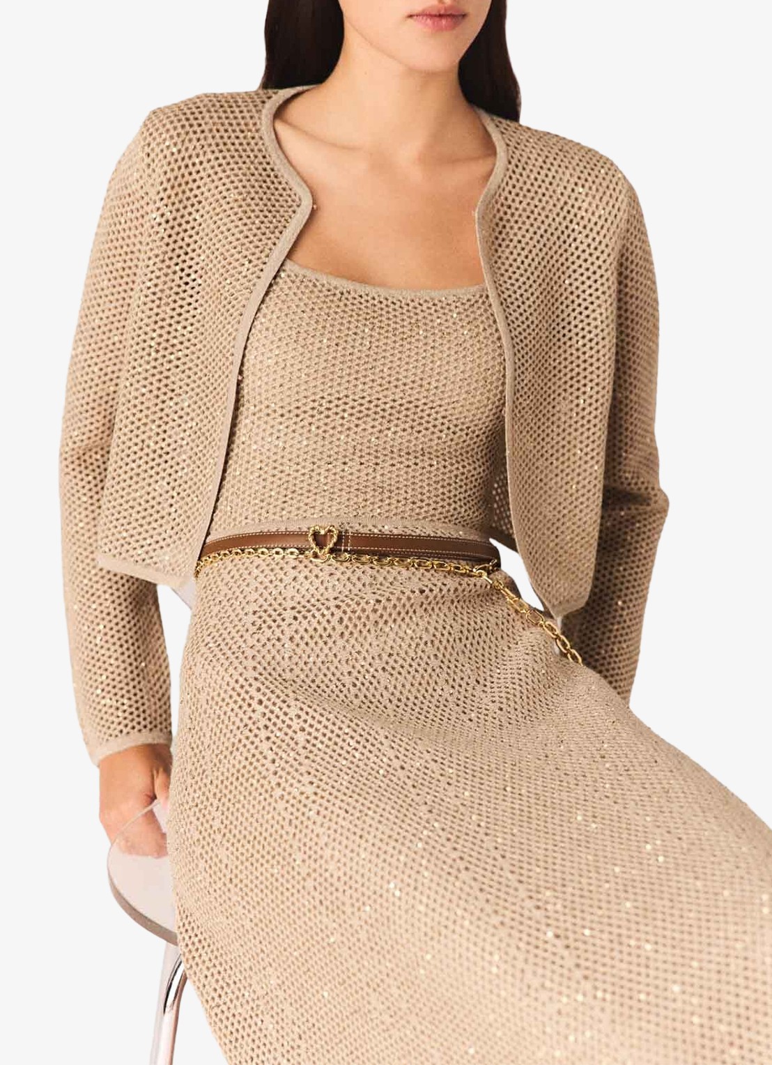 Maje Opengebreid vest met pailletten - detail 3 beige