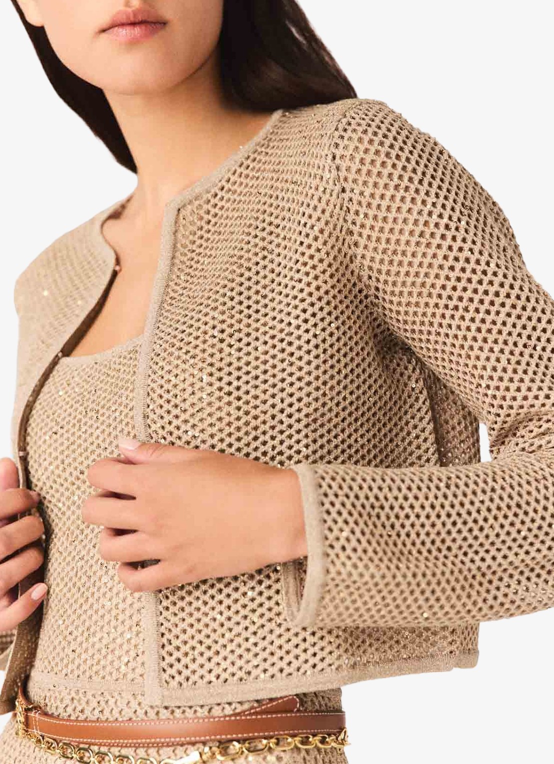 Maje Opengebreid vest met pailletten - detail 4 beige