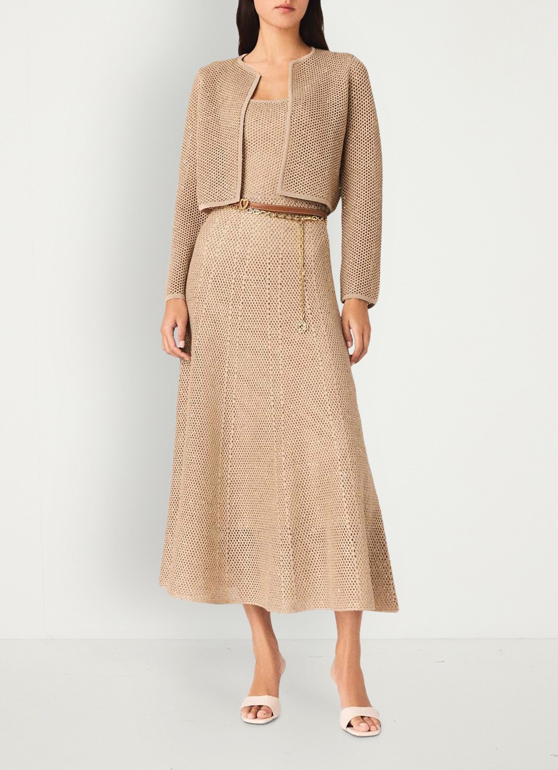 Maje Opengebreid vest met pailletten - voorkant 6 beige