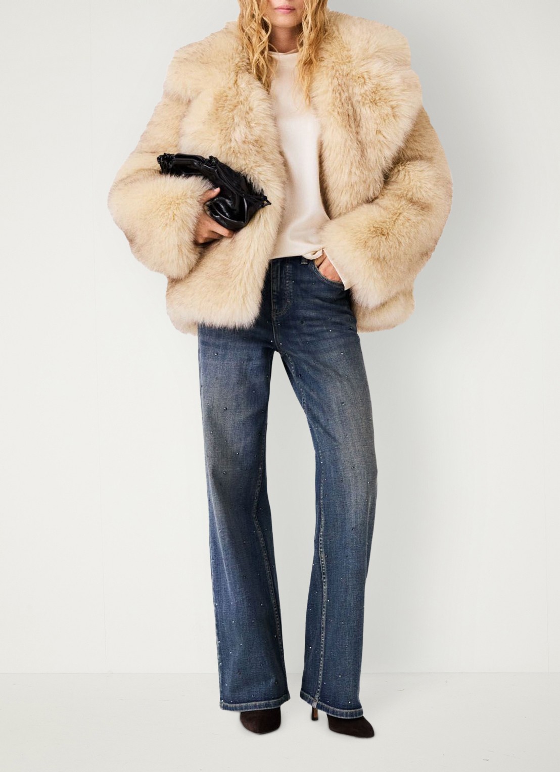 Maje Oversized jas van imitatiebont - voorkant 2 beige