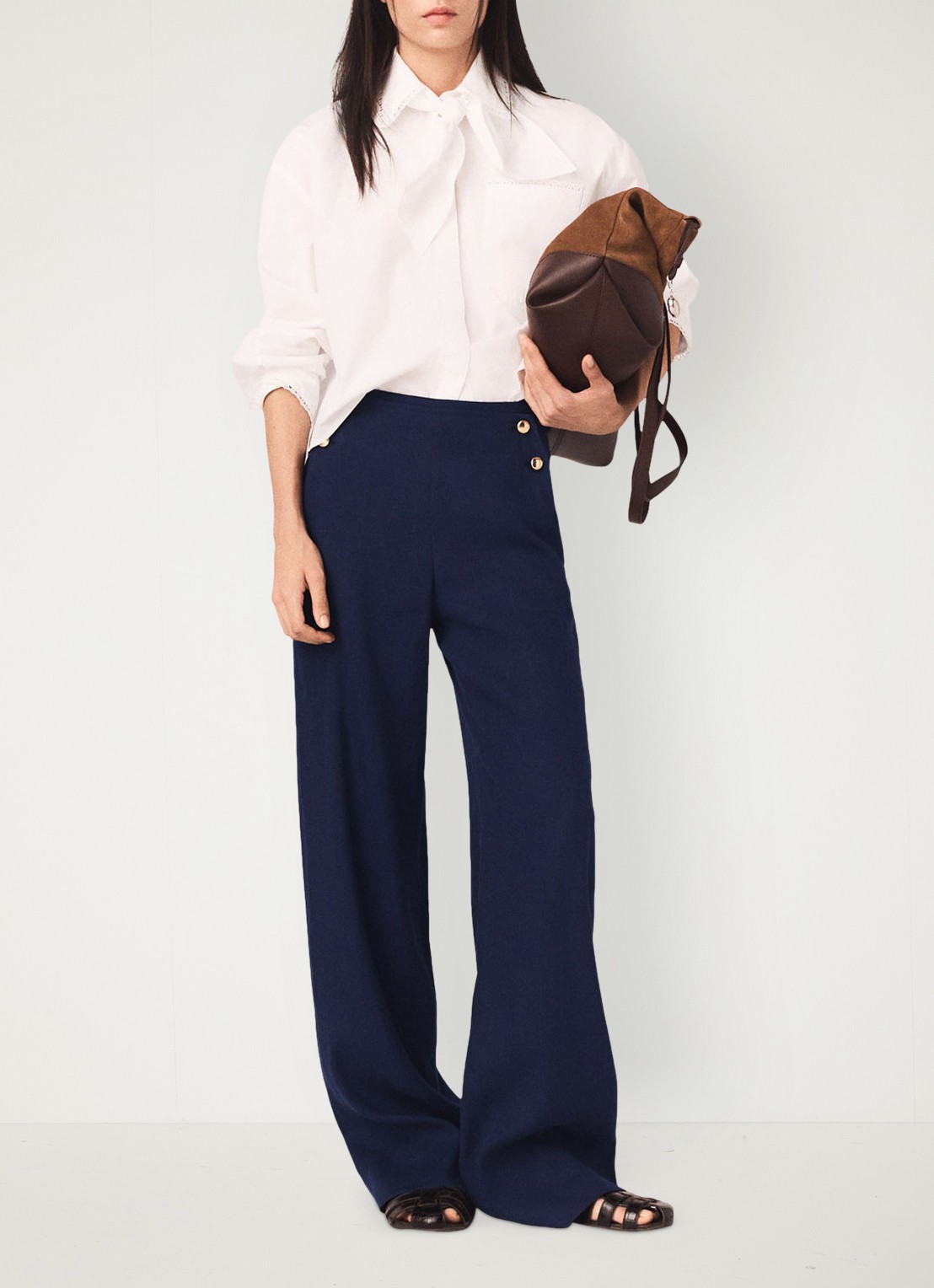 Maje Palin high waist loose fit pantalon in linnenblend - voorkant 7 donkerblauw
