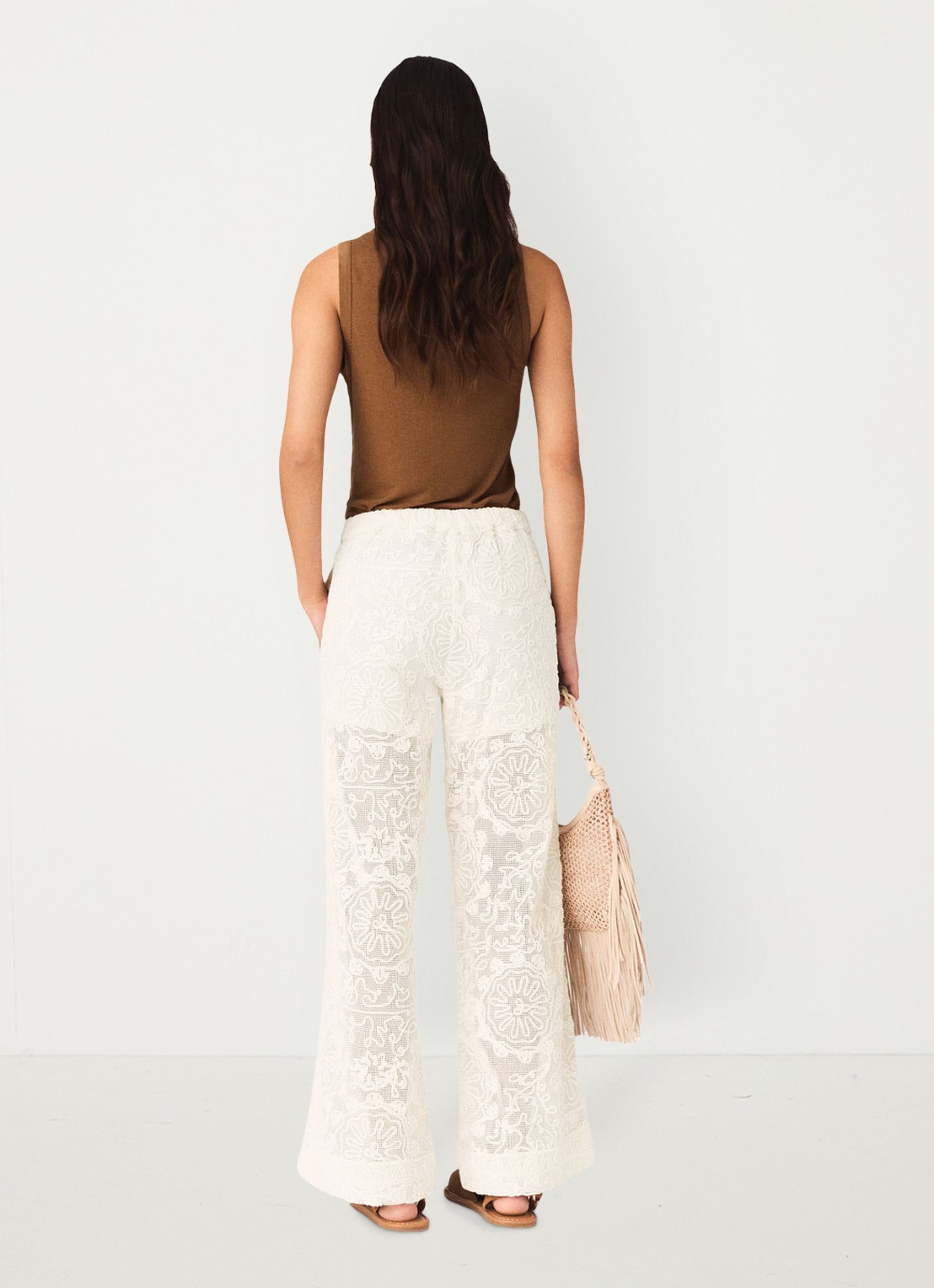 Maje Paros high waist wide fit pantalon met borduring - achterkant 6 beige