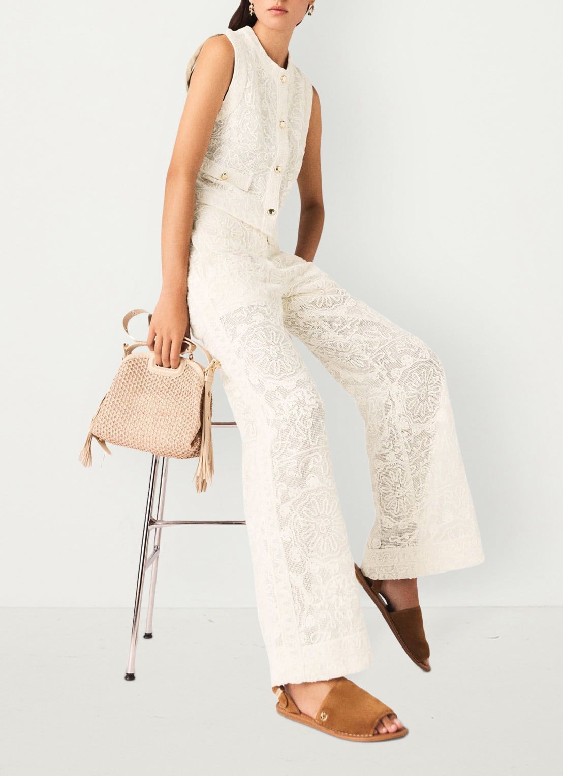 Maje Paros high waist wide fit pantalon met borduring - detail 4 beige