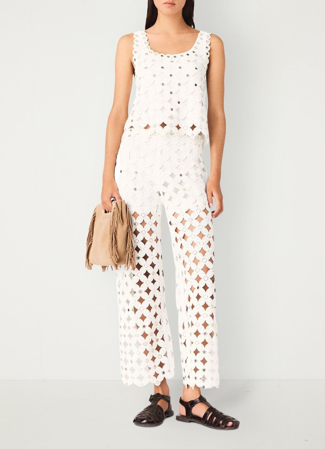 Maje Pimiroir broek met opengewerkt detail  - voorkant 3 wit