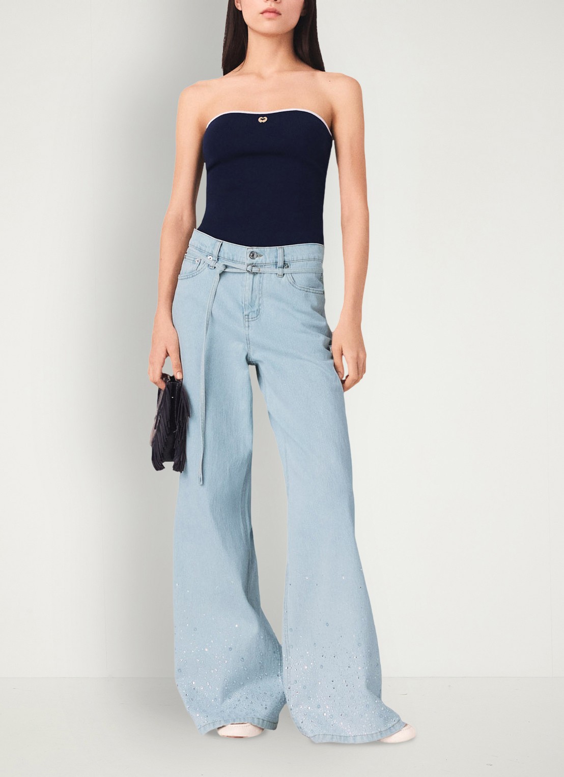 Maje Pyrosa wide leg jeans met strass  - voorkant 8 indigo