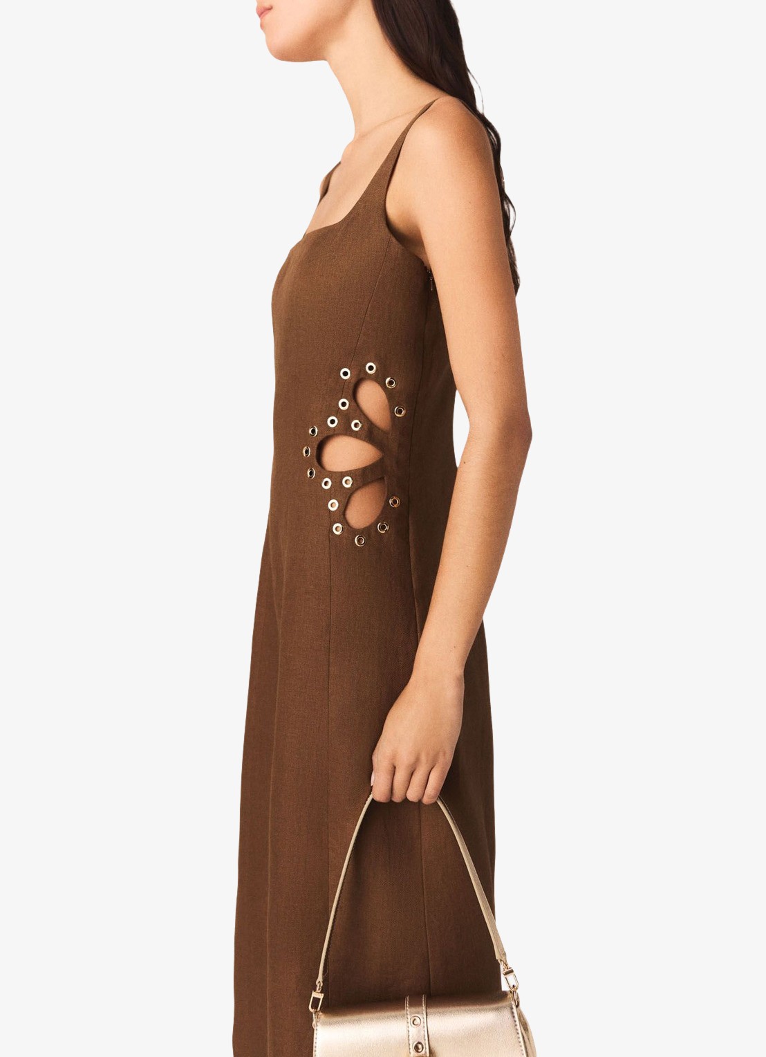 Maje Racao midi jurk van linnen met cut-out detail  - detail 7 bruin