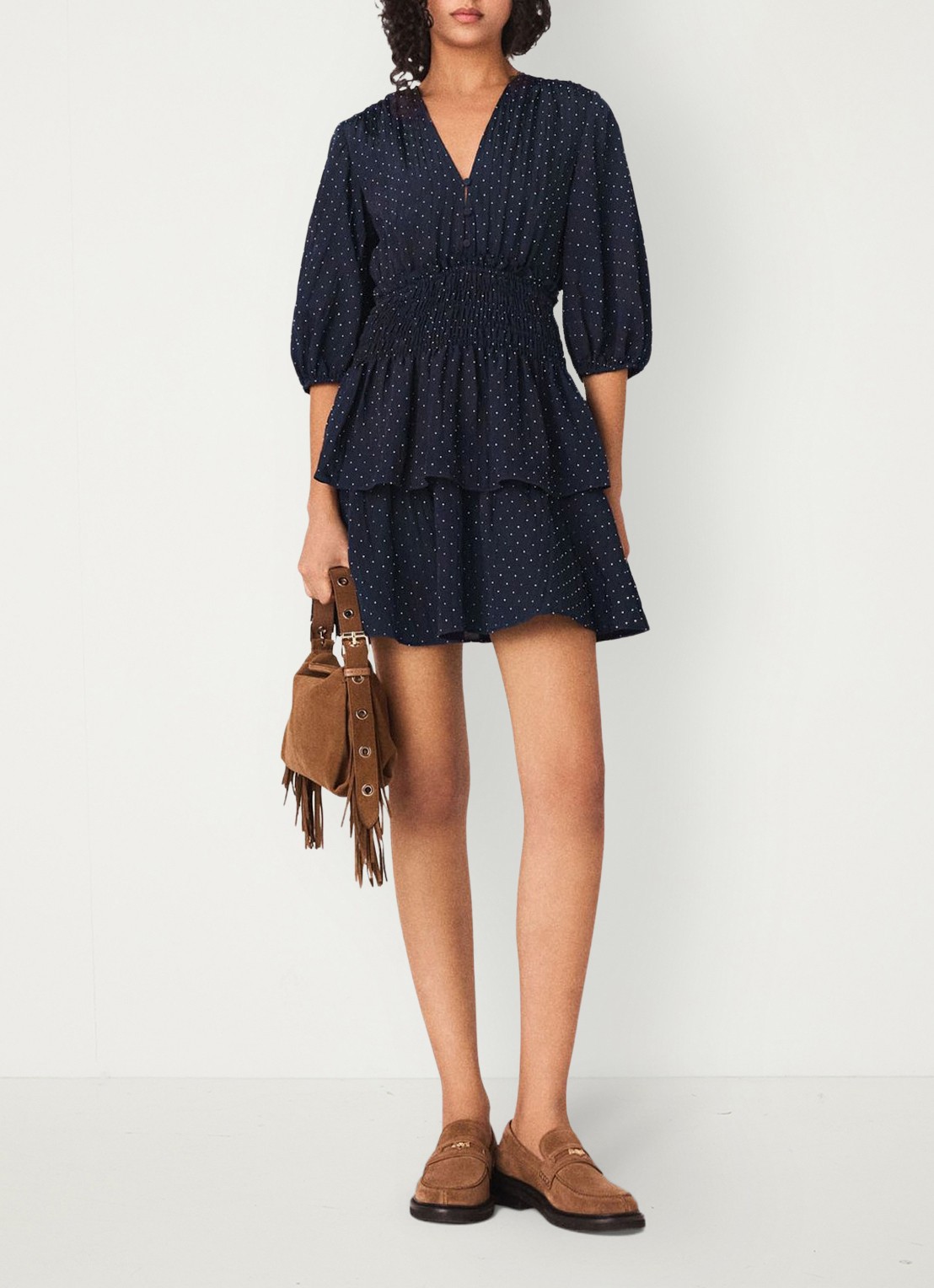 Maje Rapapamyta mini tuniekjurk met stippenprint - voorkant 2 donkerblauw