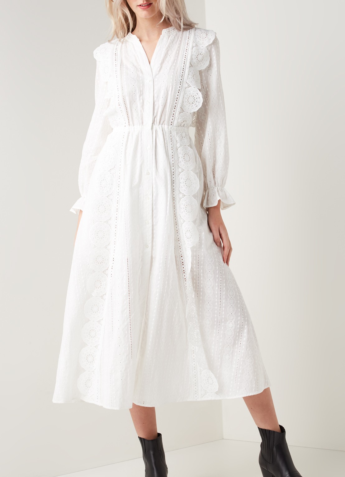Maje Raviane maxi blousejurk met broderie - detail 4 gebroken wit
